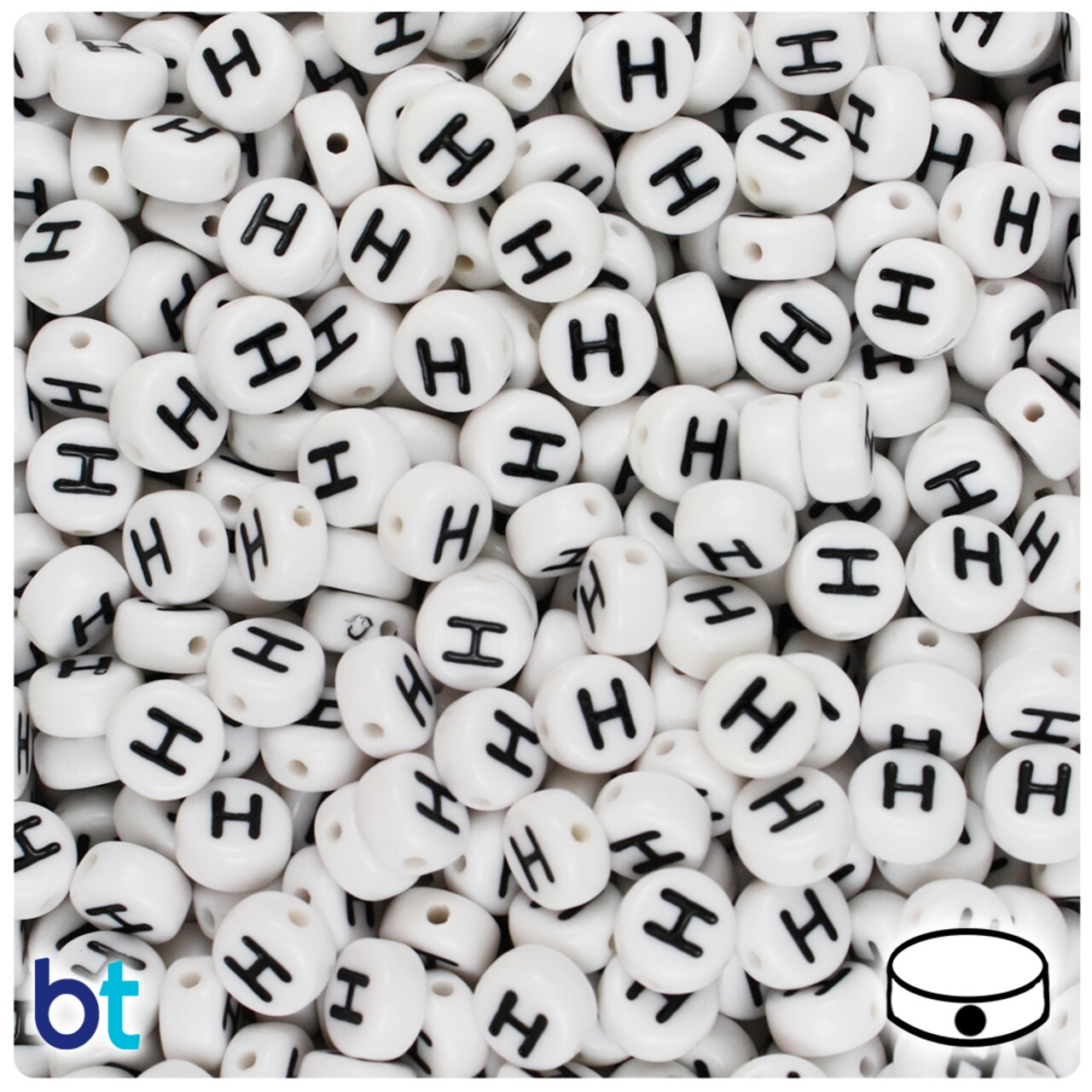 BeadTin White Opaque 7mm Coin Alpha Beads - Black Letter H (Bulk Buy)